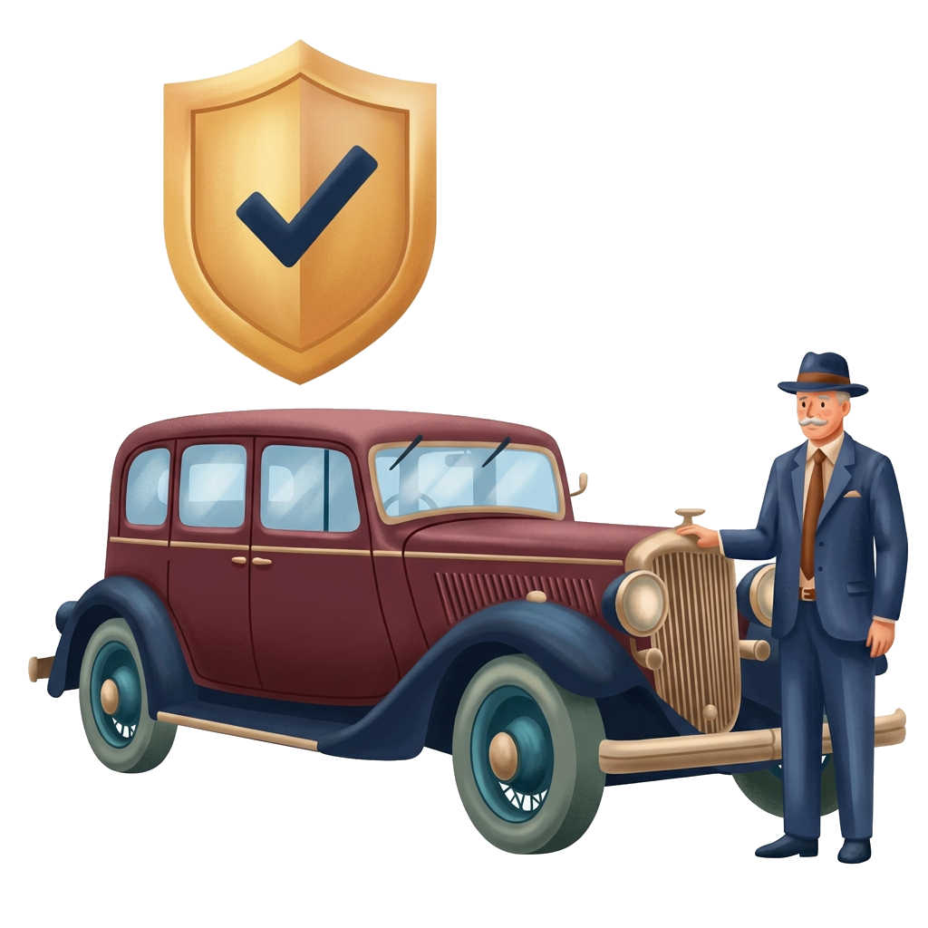 Modern flat illustration: a burgundy pre-war antique automobile outside a workshop