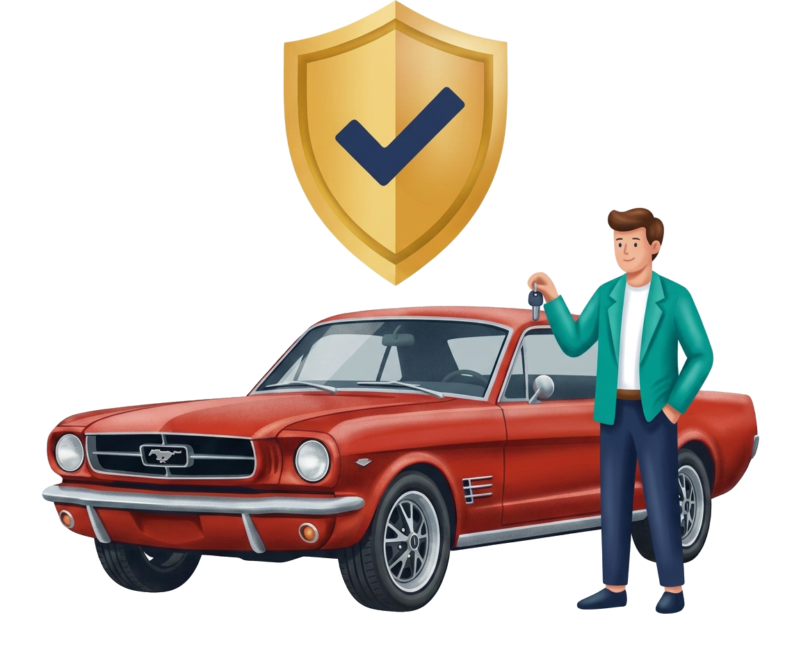 Modern flat illustration: a man holding car keys beside a red classic Mustang coupe and a golden shield
