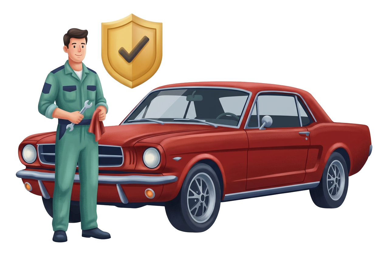 Detailed modern flat illustration of a red classic Mustang coupe matching the hero vehicle, with a mechanic holding a wrench and a shop rag