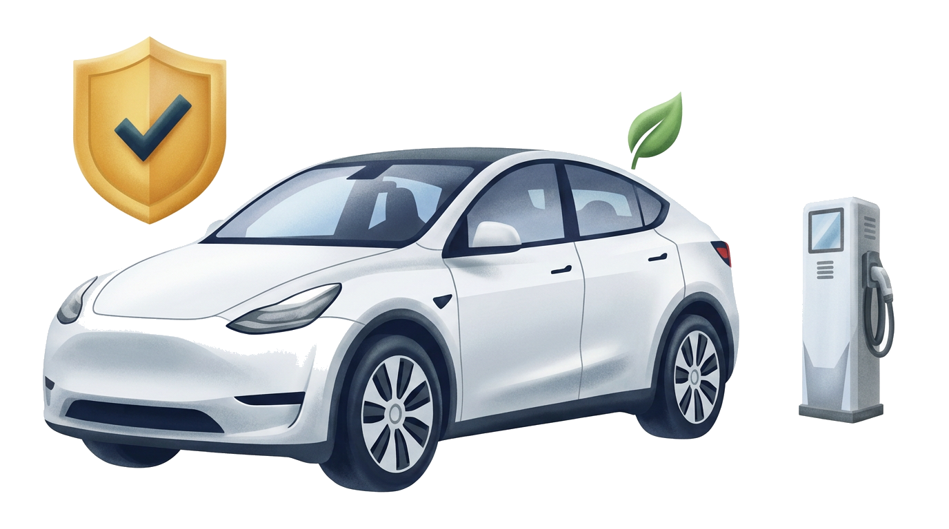 Detailed modern flat illustration of the hero's white electric crossover with a green leaf, beside a standalone charging station with its cable coiled on the unit