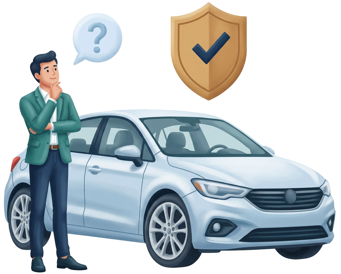 Modern flat illustration of a driver considering auto insurance questions beside a car