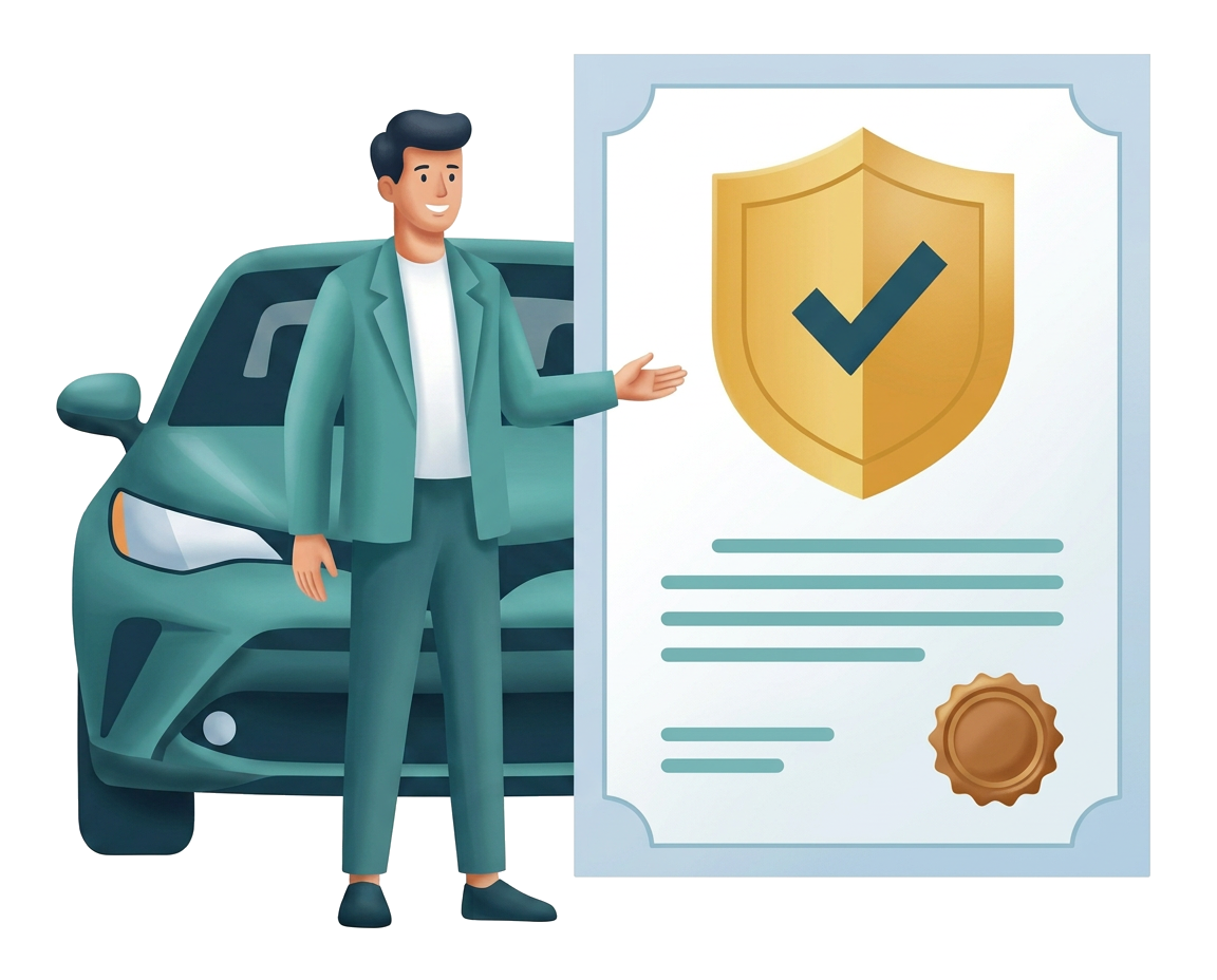 Modern flat illustration: a driver and advisor reviewing vehicle paperwork at a table