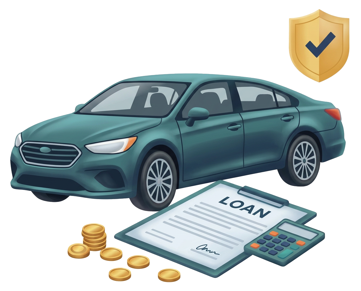 Modern flat illustration: a couple reviewing vehicle financing paperwork in a showroom