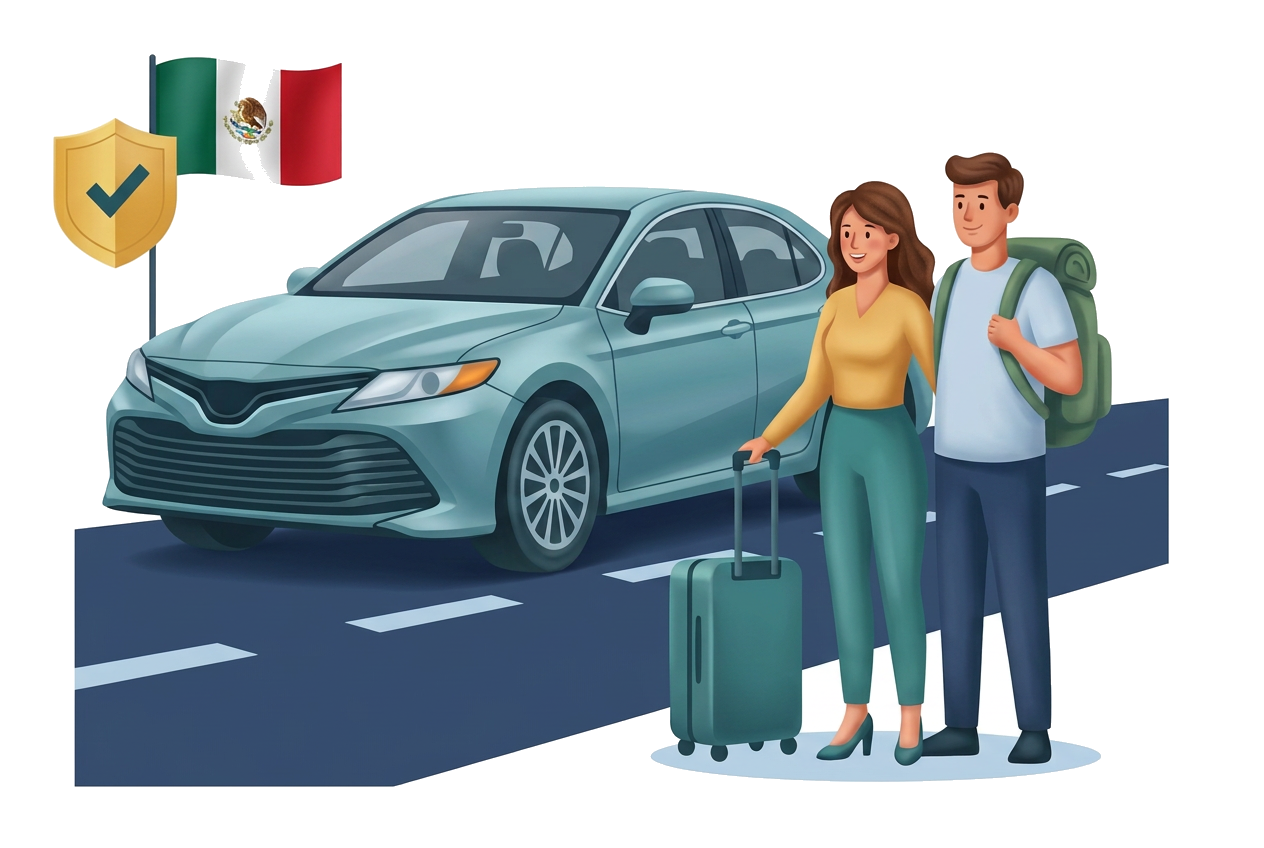 Modern flat illustration: a silver SUV at a coastal overlook in Baja California