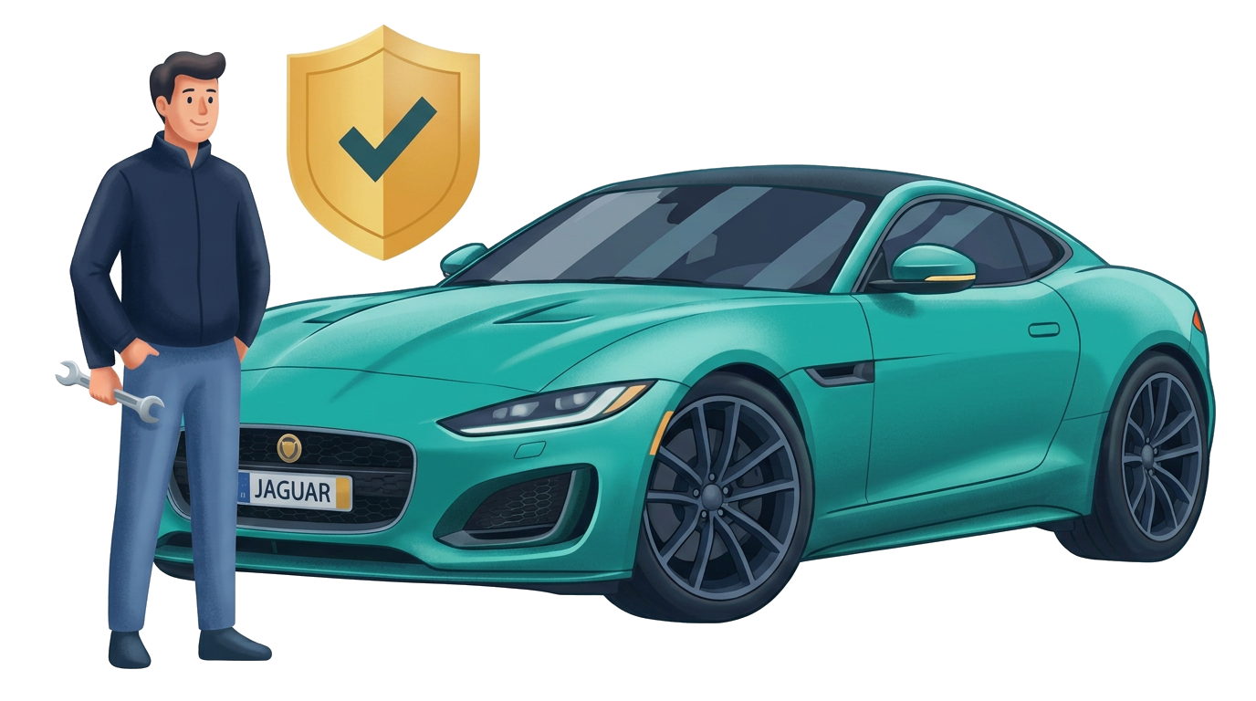 Modern flat illustration: a man in a navy sweater holding a wrench beside a green high-performance sports coupe