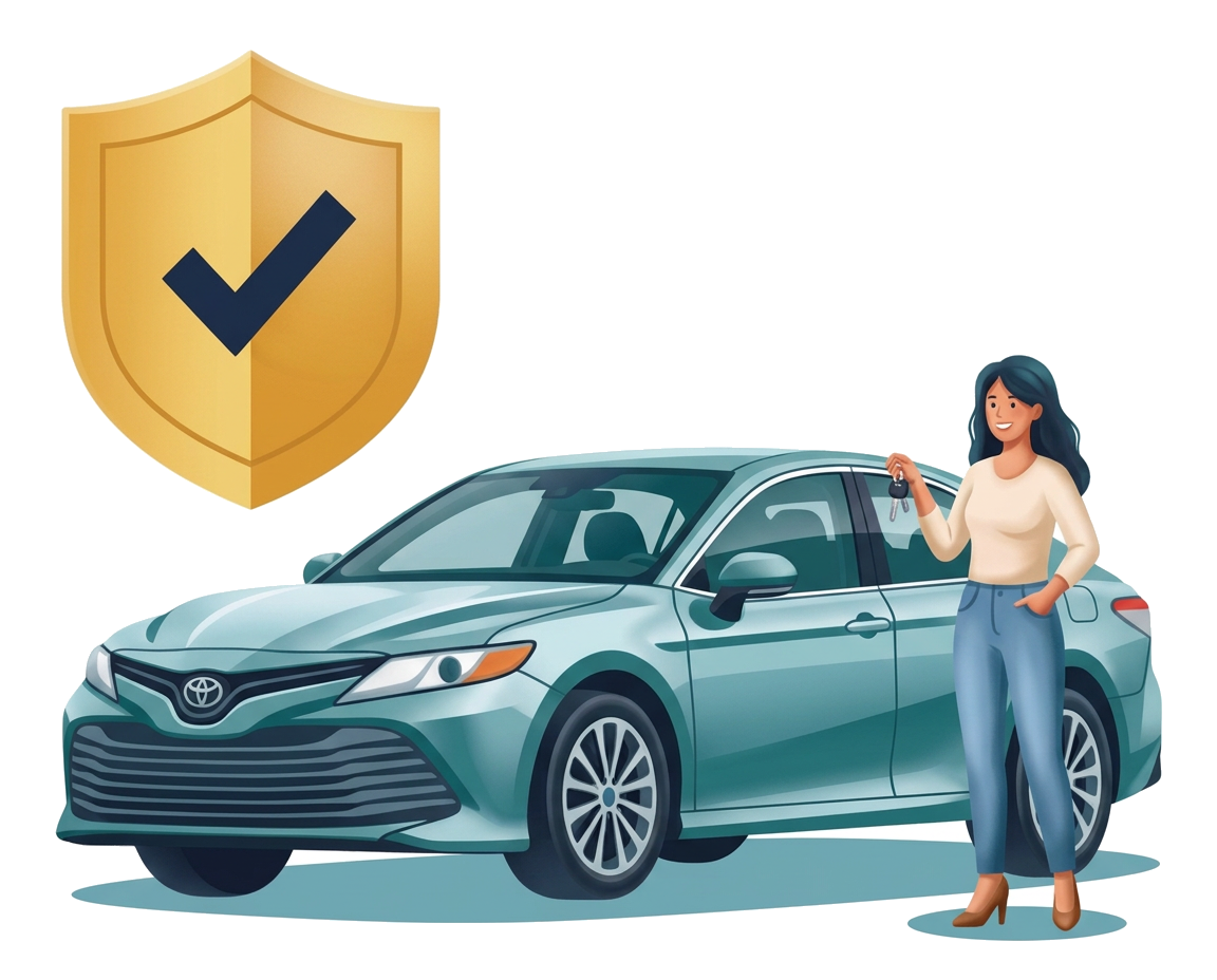 Modern flat illustration: a driver holding keys beside a silver crossover in a suburban driveway