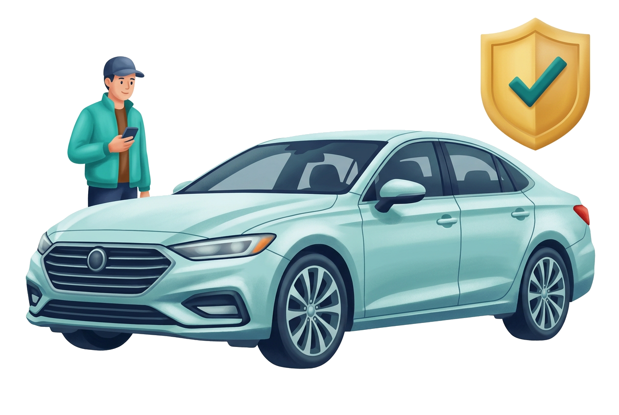 Detailed modern flat illustration of a delivery driver holding a phone beside the same light-blue sedan shown in the hero