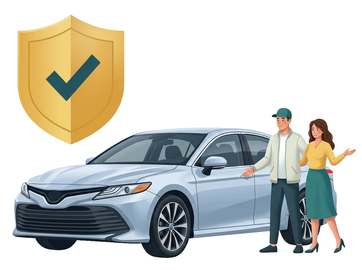 Modern flat illustration of a silver sedan and two owners with a protective shield