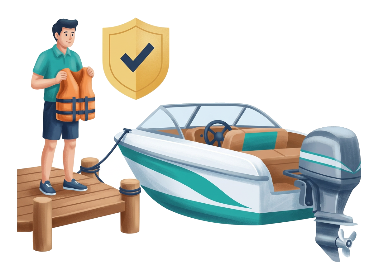 Modern flat illustration of an owner standing on a dock with a life jacket beside a moored motorboat