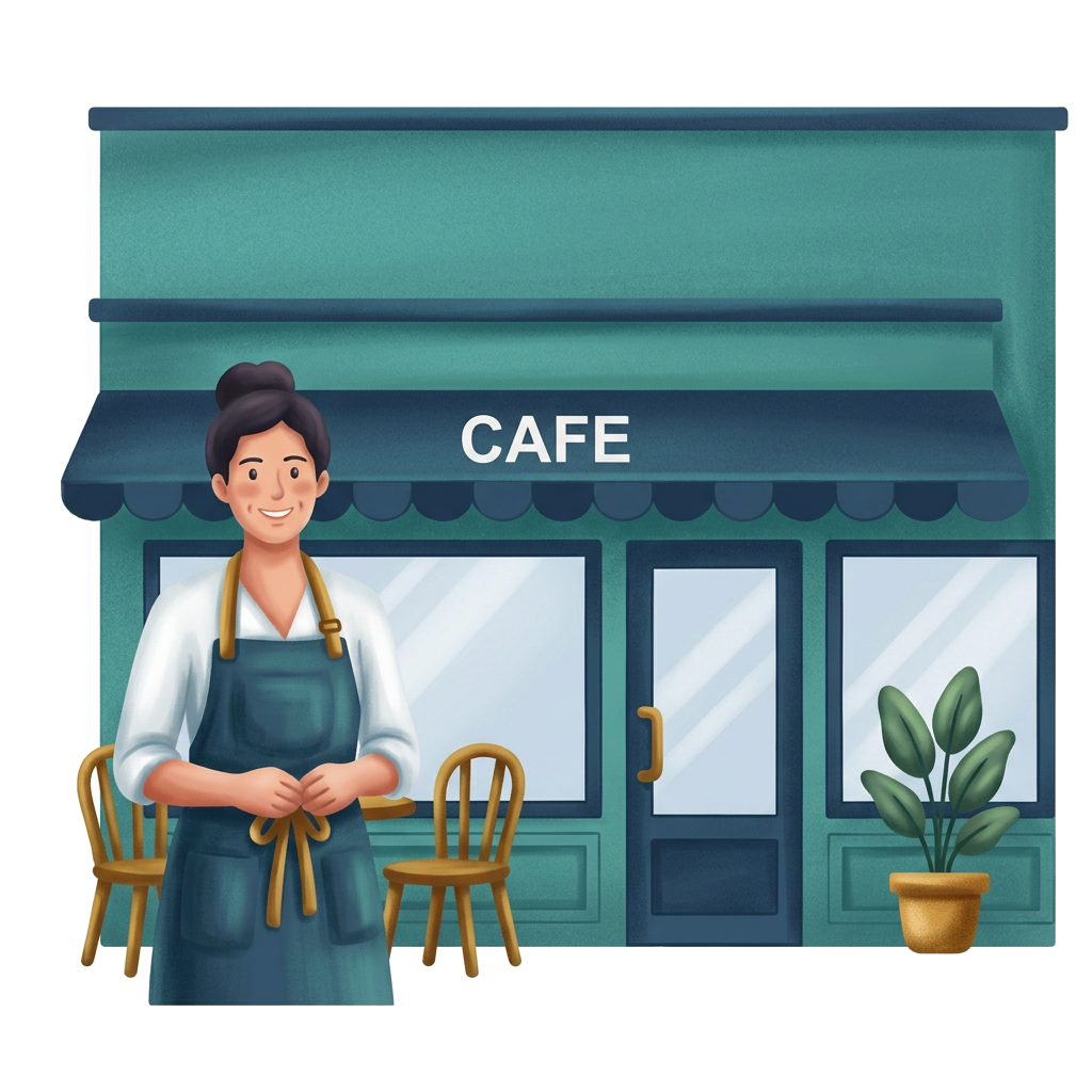 Modern flat illustration: a cafe owner opening her storefront