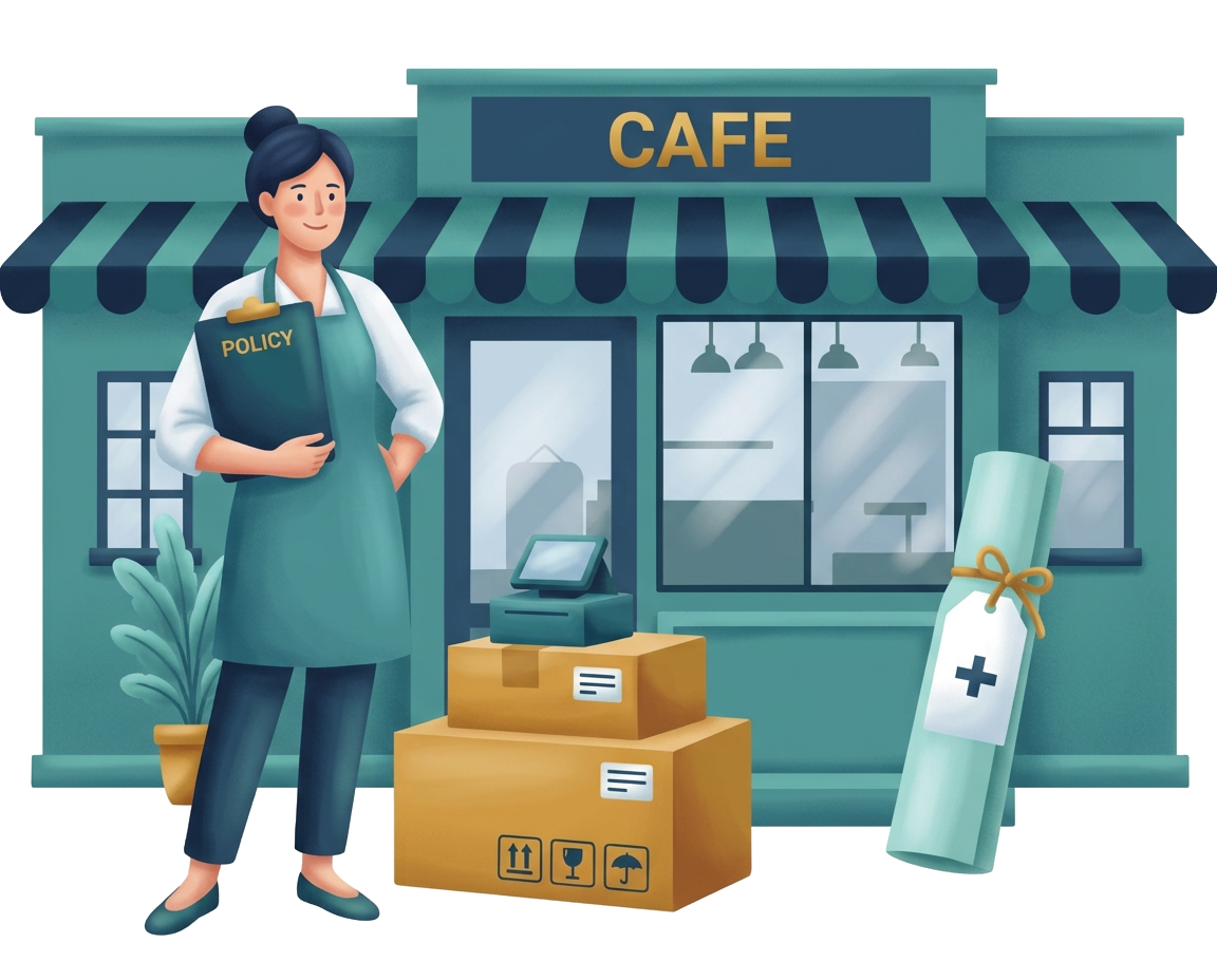 Modern flat illustration: a small business owner beside her storefront holding a packaged insurance policy with inventory boxes and a liability plus property coverage bundle