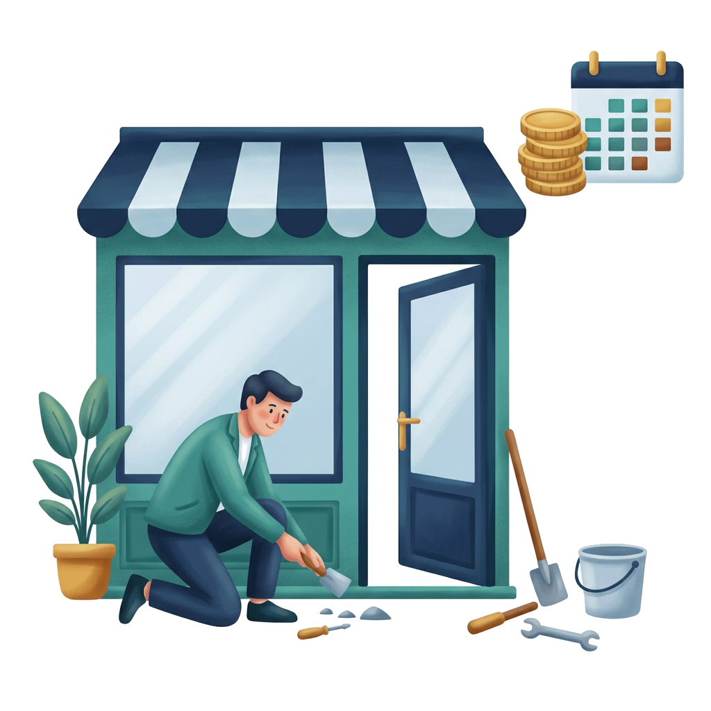 Modern flat illustration: a retail shop undergoing water damage repairs
