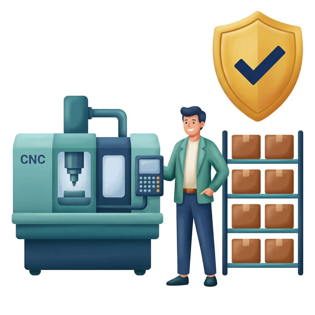 Modern flat illustration: a manufacturing facility with inventory and offices