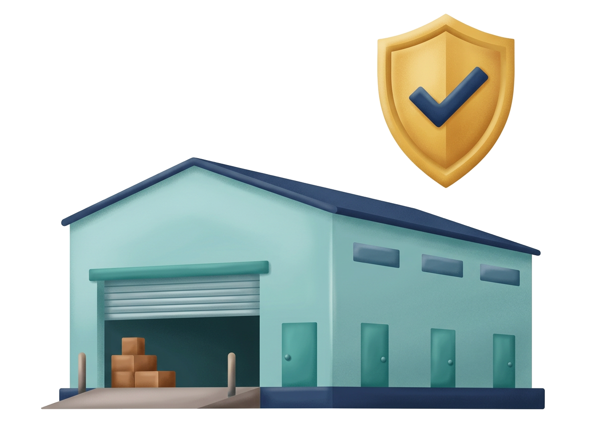 Modern flat illustration: a commercial warehouse with offices and loading bays