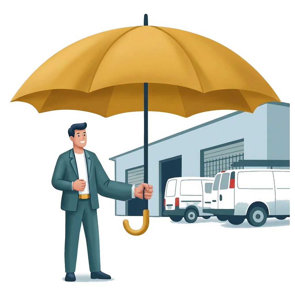 Modern flat illustration: an owner outside a warehouse with business vehicles