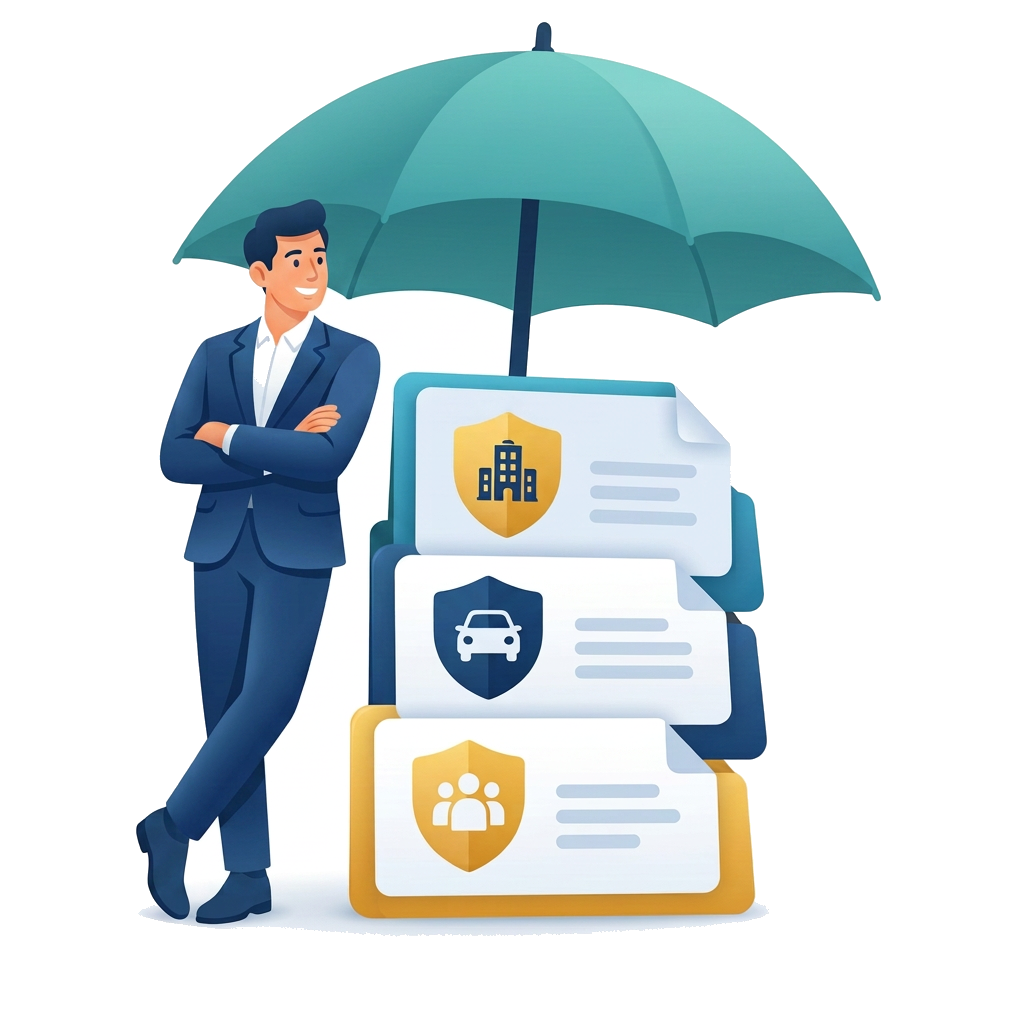Modern flat illustration: a business owner beside stacked liability policies sheltered under one large umbrella