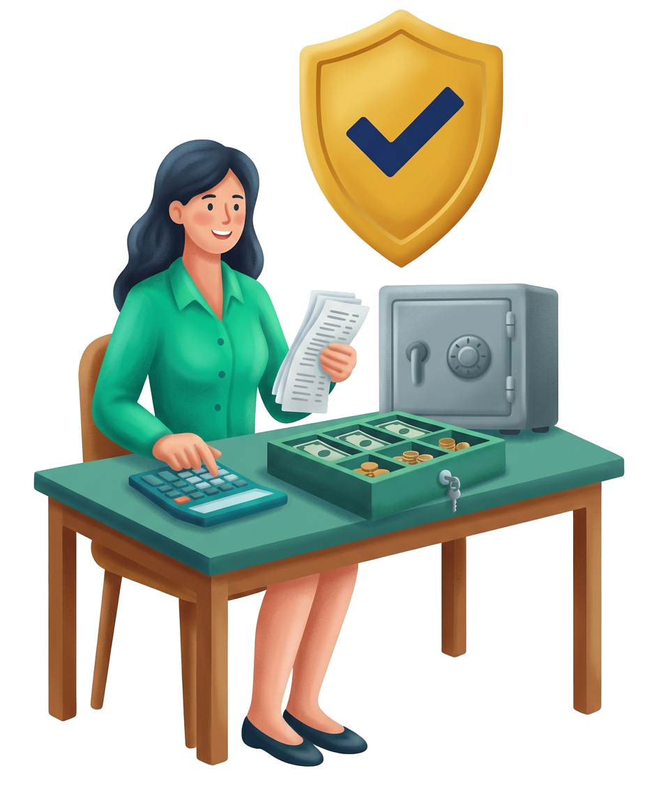 Modern flat illustration: a finance employee reconciling receipts beside a cash drawer