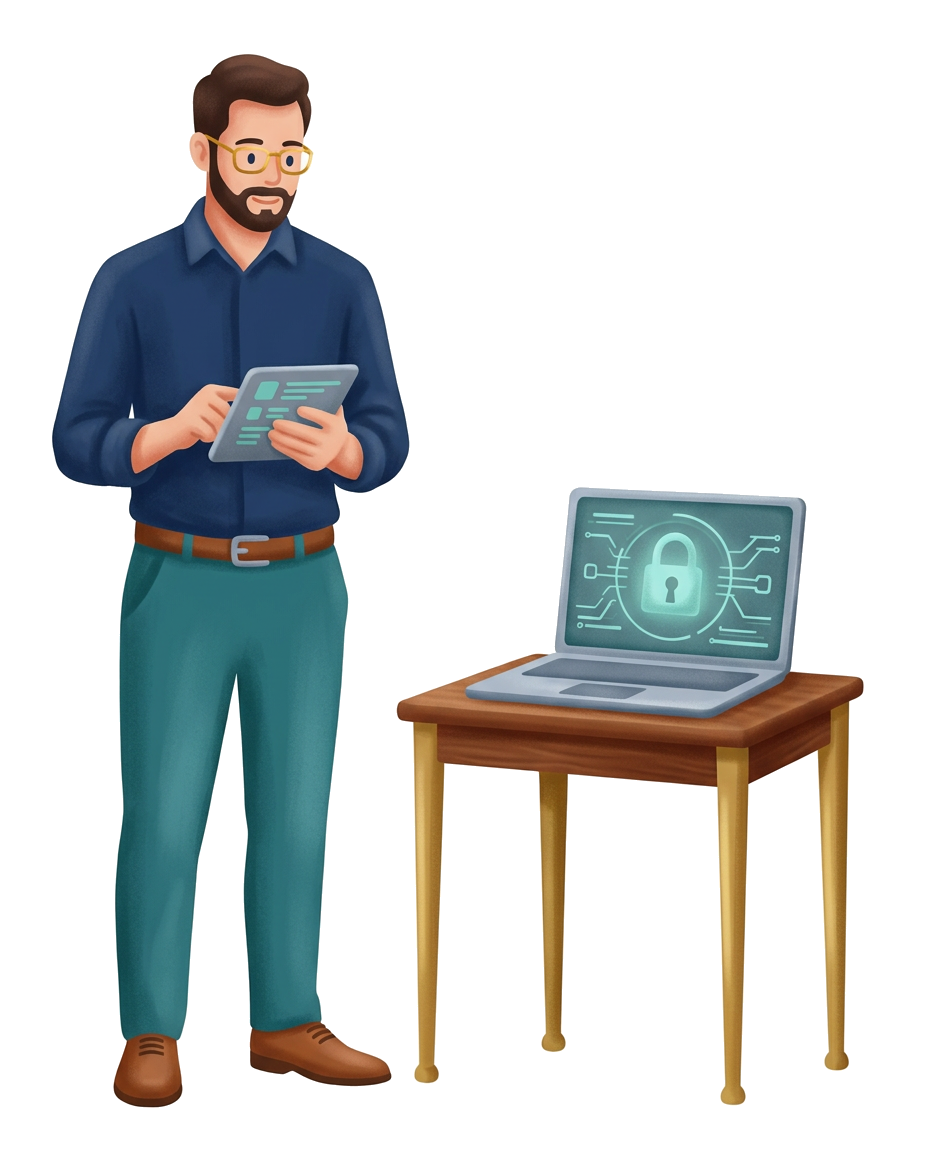 Modern flat illustration: an IT professional inspecting server racks