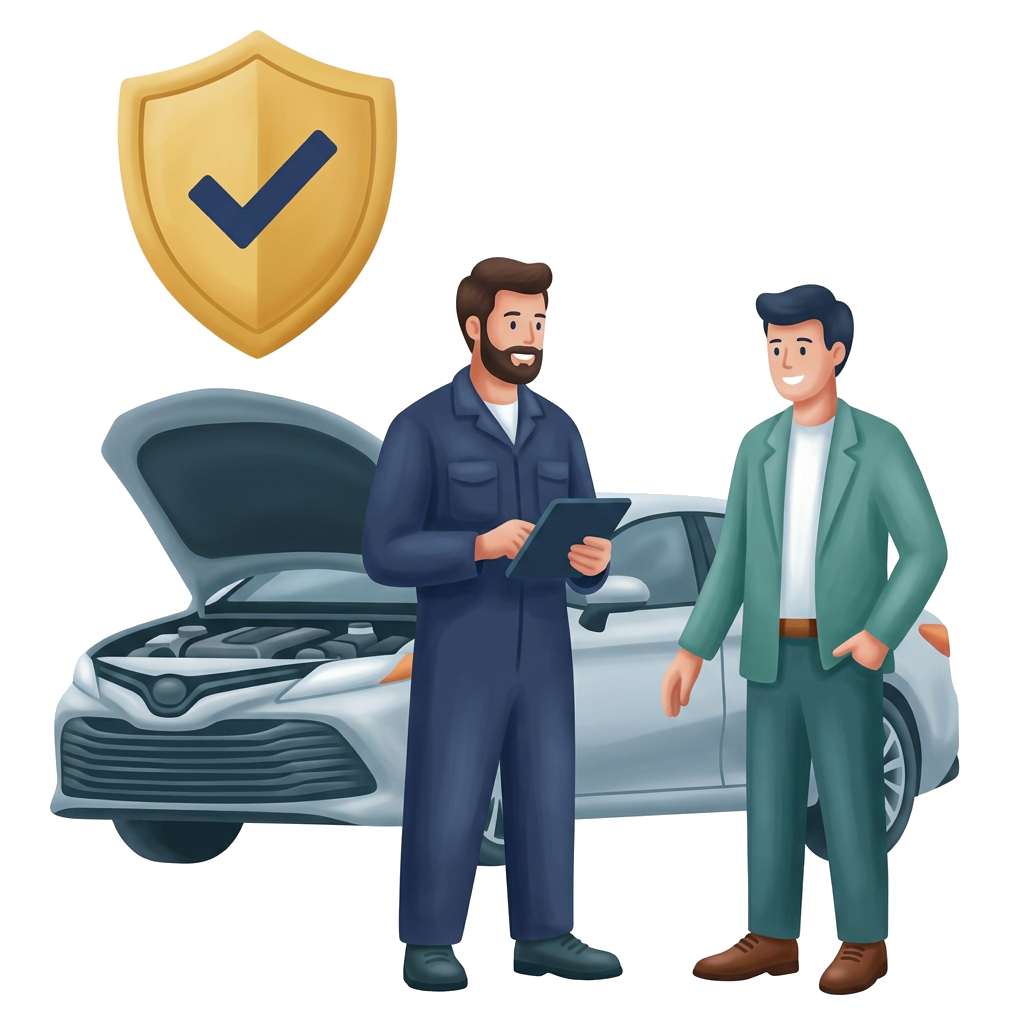 Modern flat illustration: a mechanic discussing repairs with a customer