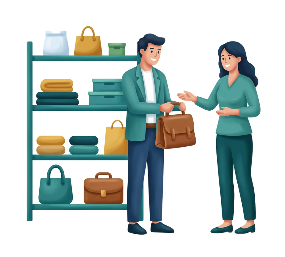 Modern flat illustration: a store employee assisting a customer