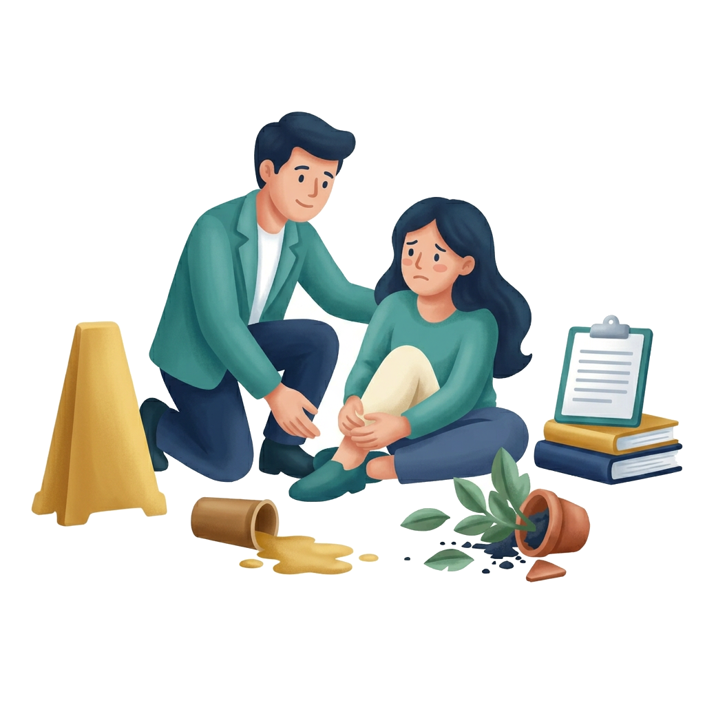 Modern flat illustration: a shop owner kneeling to help a customer who slipped, with a wet-floor caution cone, a claim form and stacked policy folders