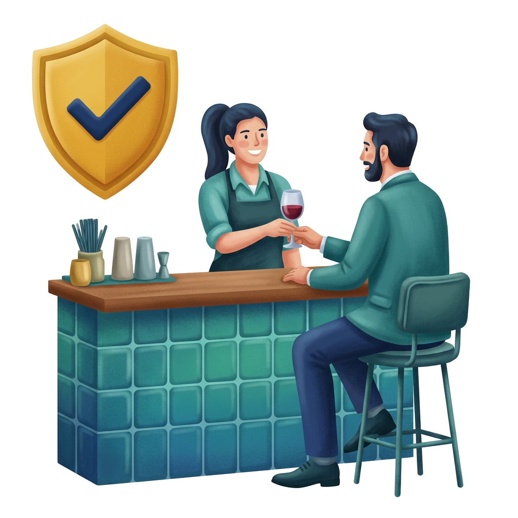 Modern flat illustration: a bartender serving wine to an adult customer