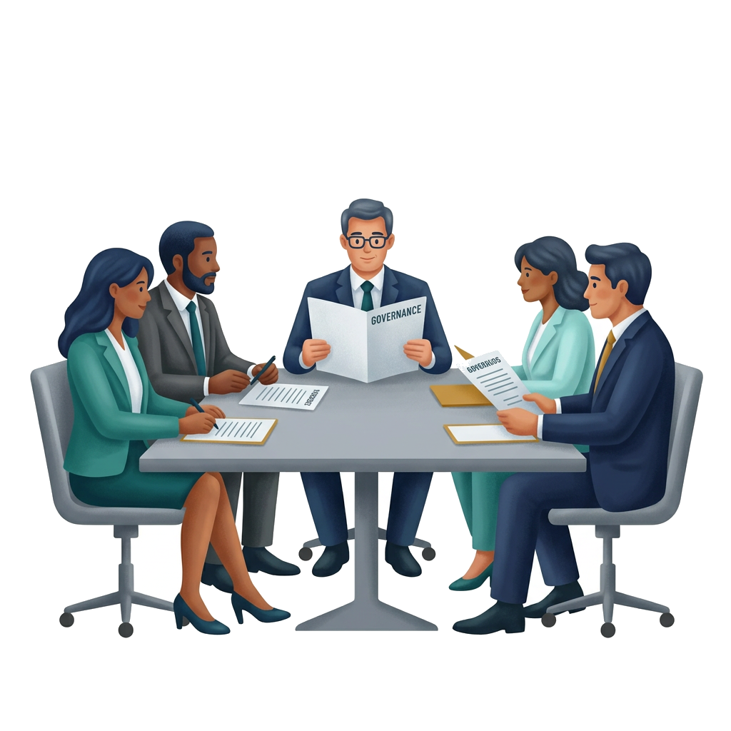 Modern flat illustration: business leaders reviewing documents in a boardroom