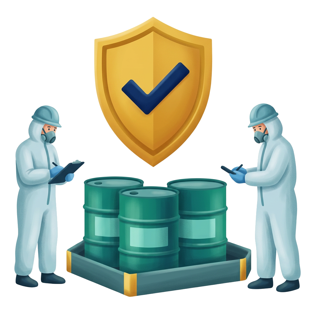 Modern flat illustration: remediation workers inspecting containment drums