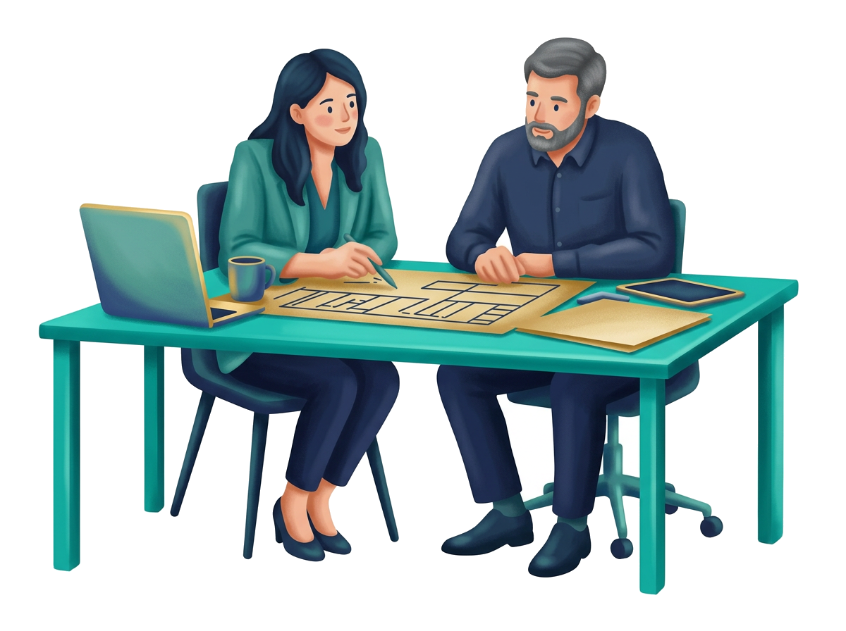 Modern flat illustration: a consultant and client reviewing professional work
