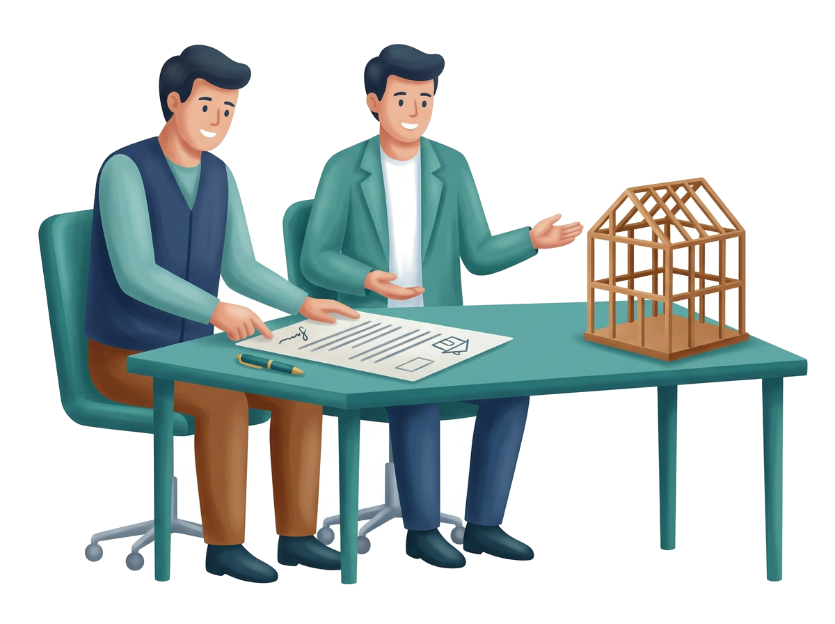 Modern flat illustration: a contractor and advisor reviewing construction contract documents