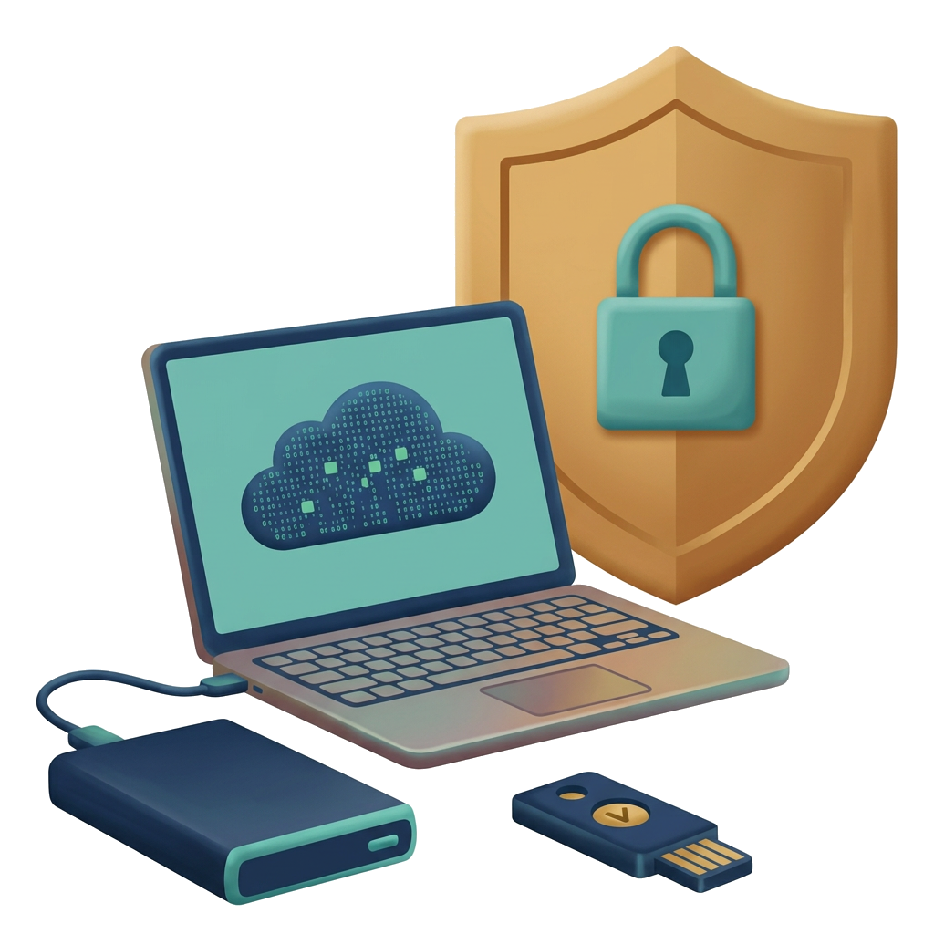 Modern flat illustration: a business laptop with backup drive and security key