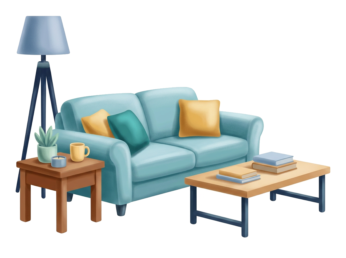 Modern flat illustration: a family living room with furniture and personal belongings