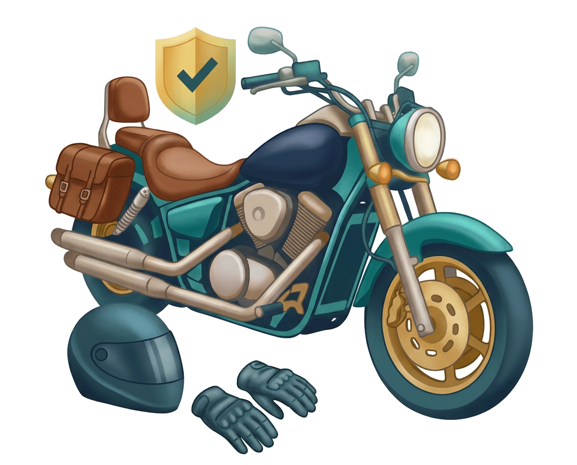 Modern flat illustration: a parked motorcycle with helmet and protective gloves