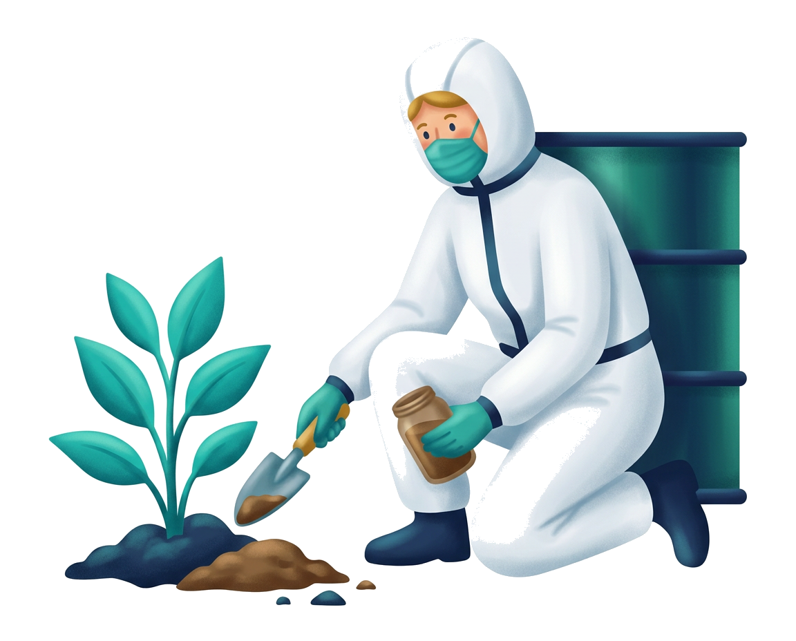 Modern flat illustration: an environmental technician collecting a soil sample