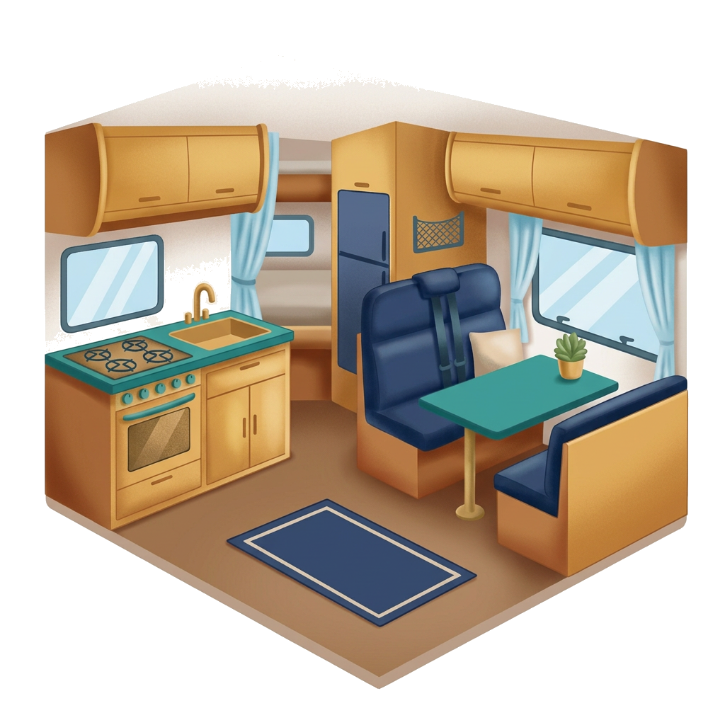 Modern flat illustration: a motorhome kitchen and living space
