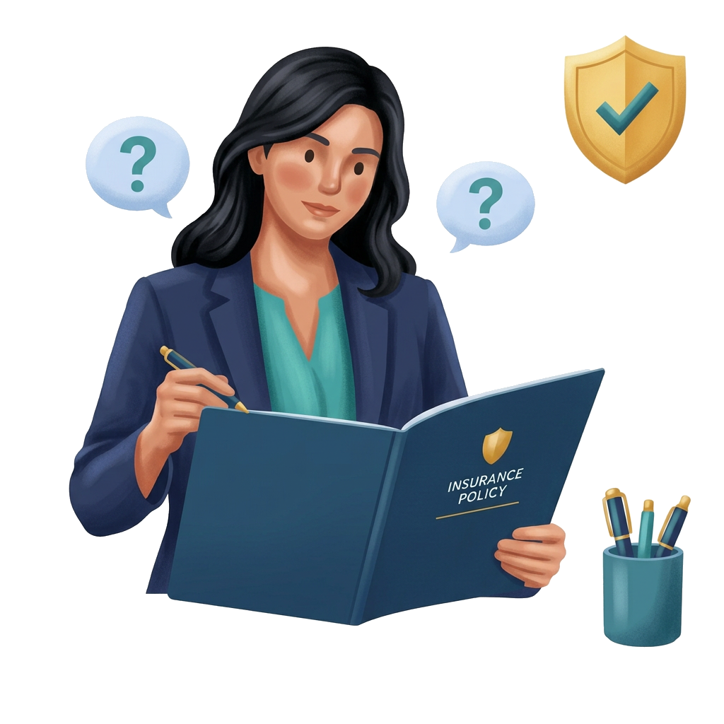 Modern flat illustration of an advisor answering questions while reviewing an insurance policy folder