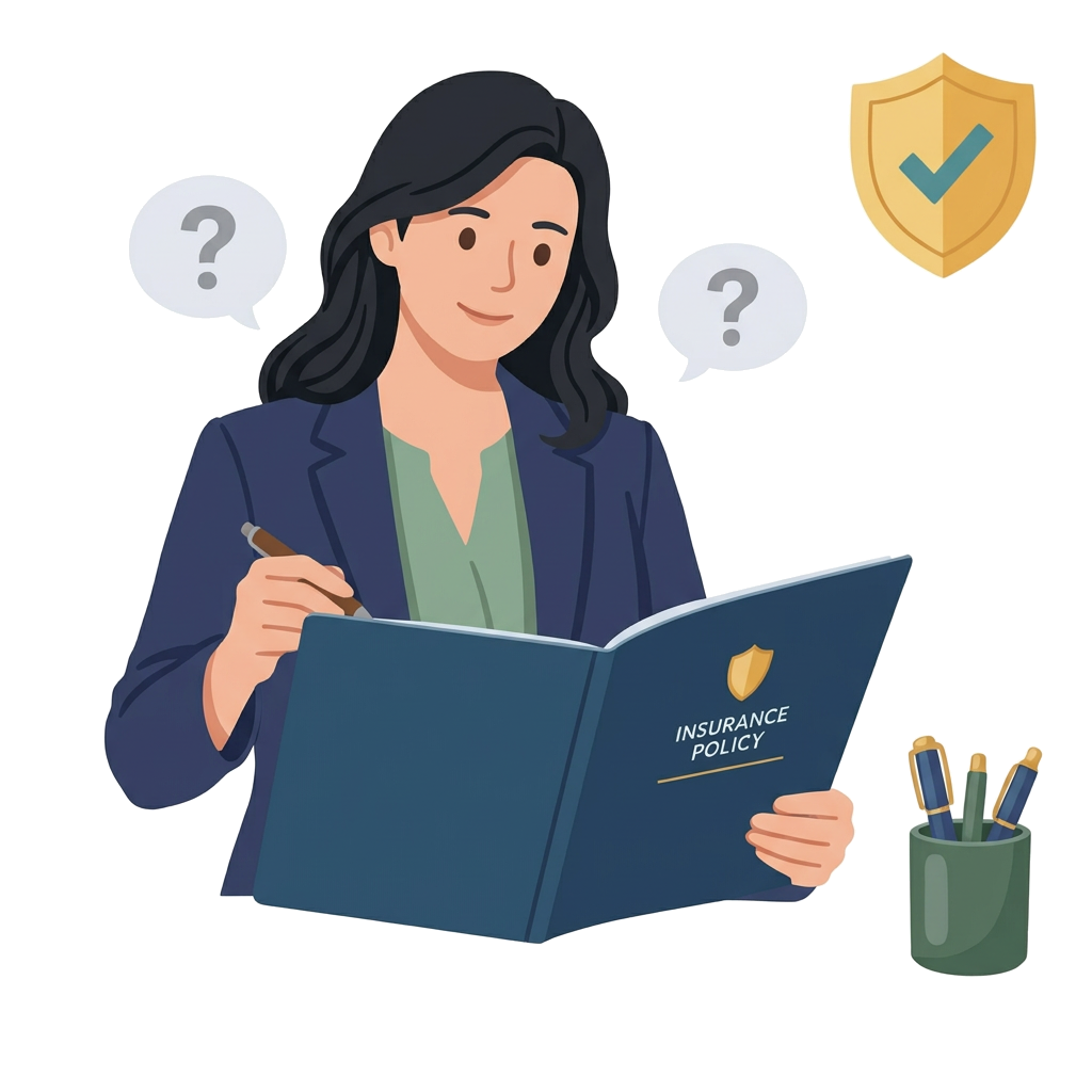 Modern flat illustration of an advisor answering questions while reviewing an insurance policy folder