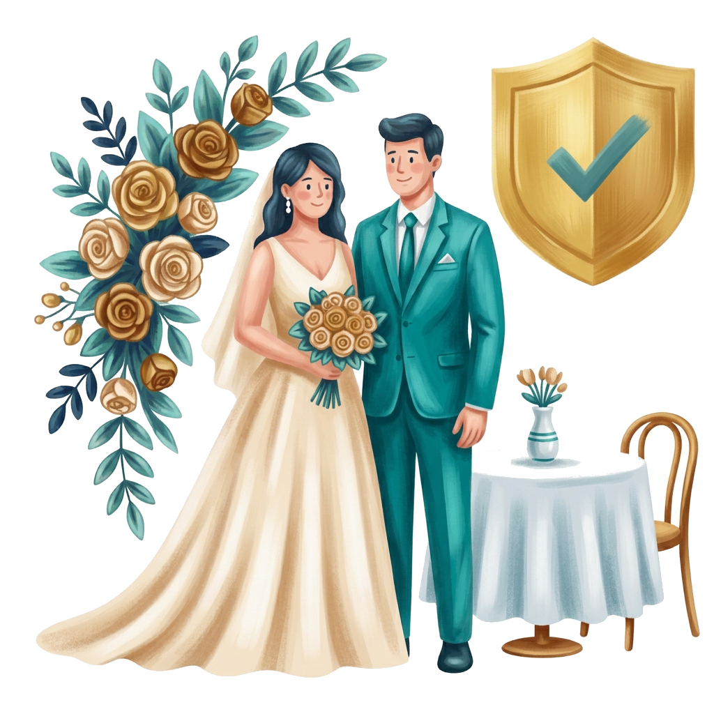 Modern flat illustration: wedding reception tables in a garden venue