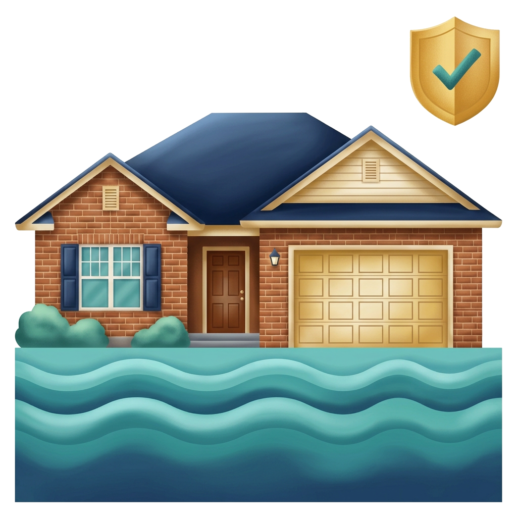 Modern flat illustration: storm floodwater surrounding a suburban home