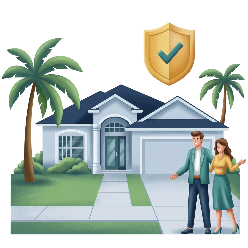 Modern flat illustration: a well maintained suburban home with palm trees