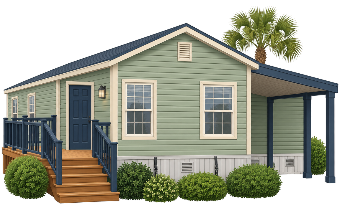 Manufactured home with an attached deck, carport, foundation skirting and a detached storage shed
