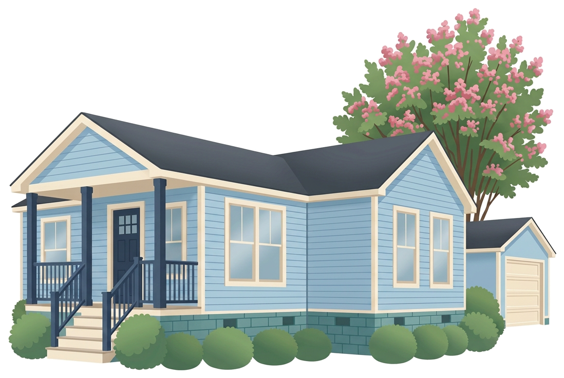 Modular home on a raised permanent foundation with a covered front porch, detached garage and a flowering tree