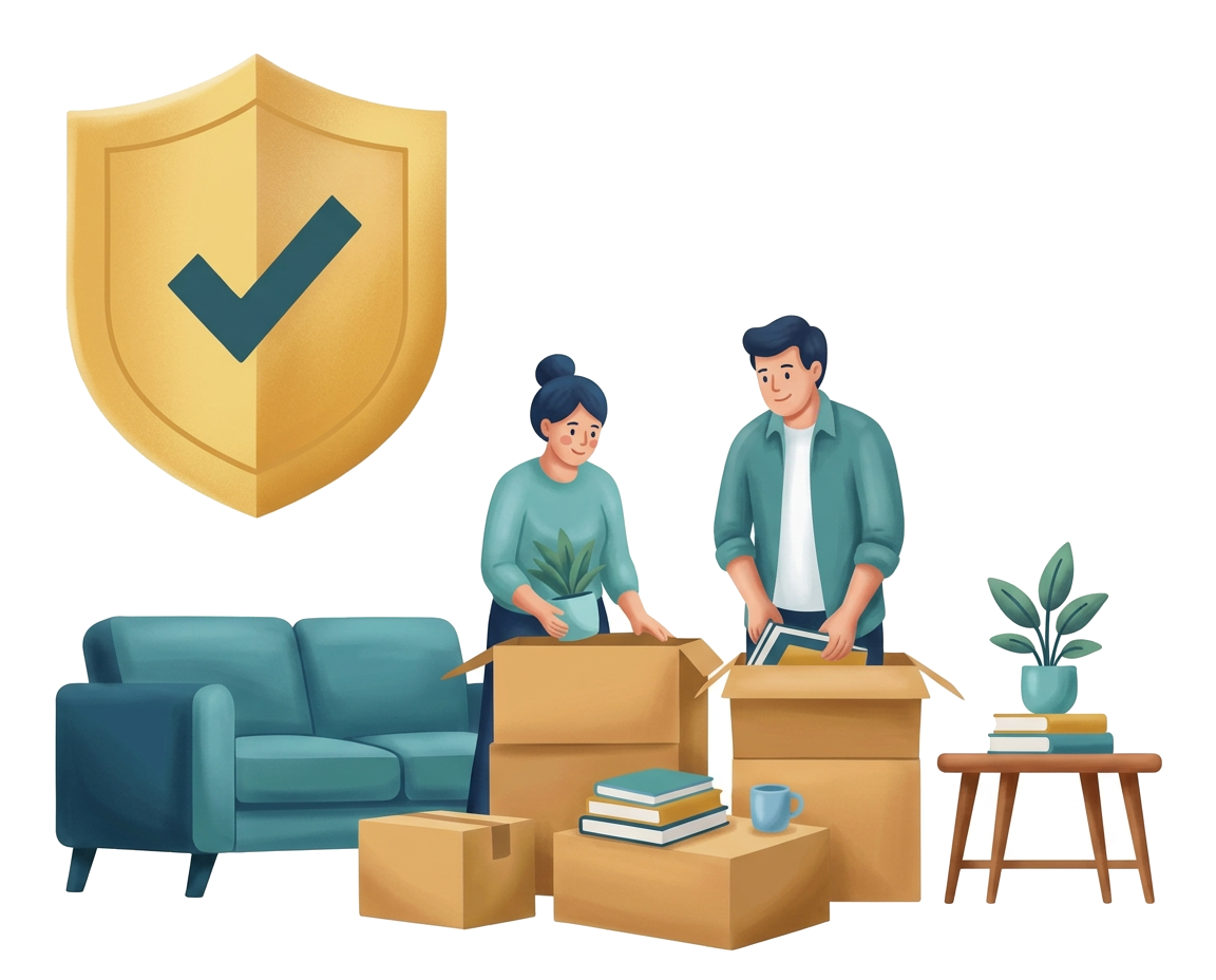 Modern flat illustration: two renters unpacking belongings in an apartment