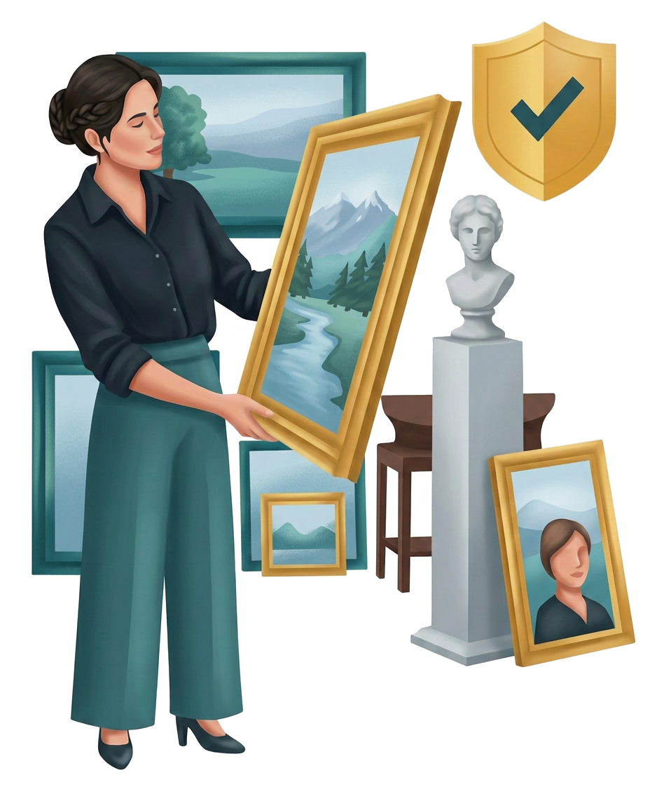 Modern flat illustration: an art collector examining framed artwork