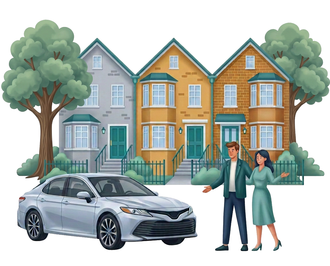 Modern flat illustration: a row of attached townhomes with shared party walls