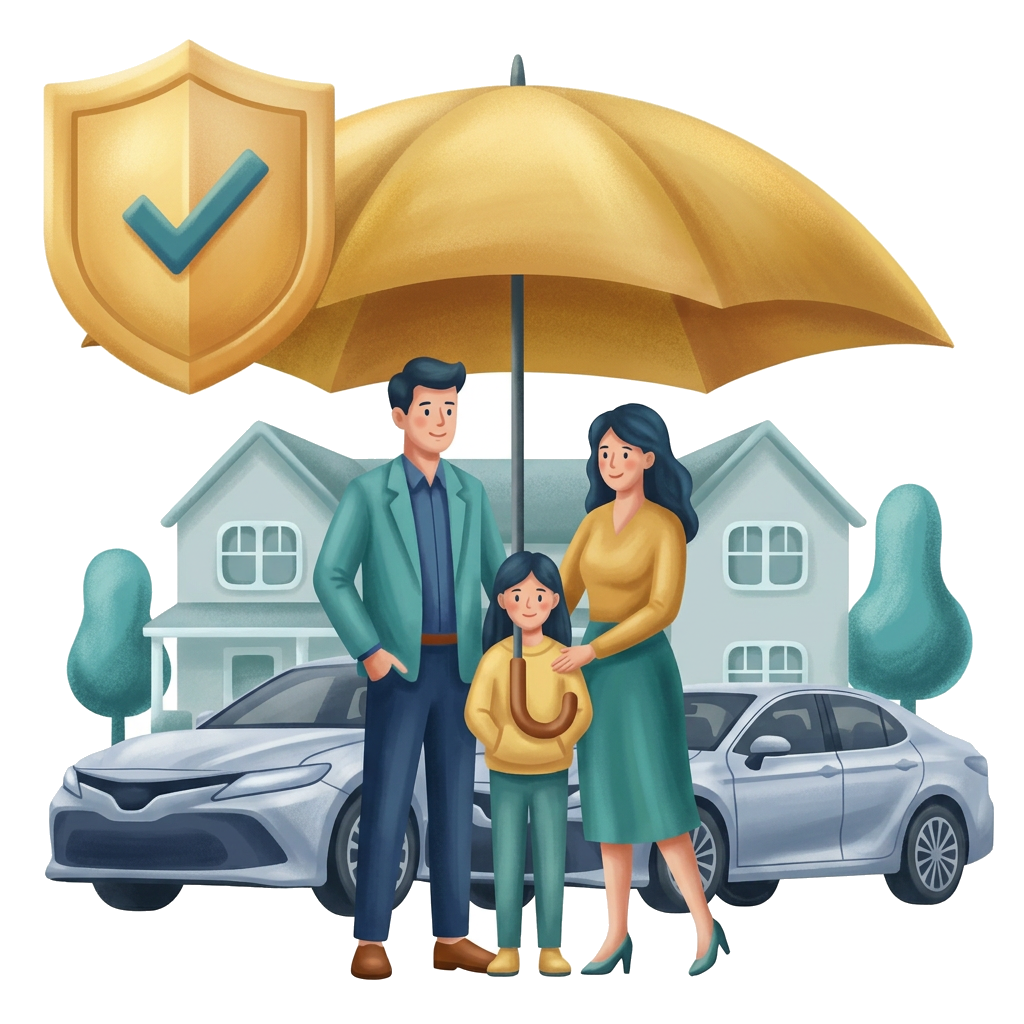 Modern flat illustration: a family outside their home beside a car