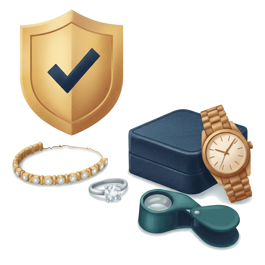Modern flat illustration: jewelry and a watch beside an appraisal loupe