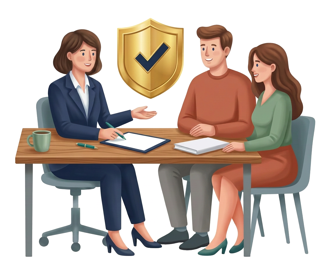 Modern flat illustration of an insurance advisor reviewing coverage with a couple