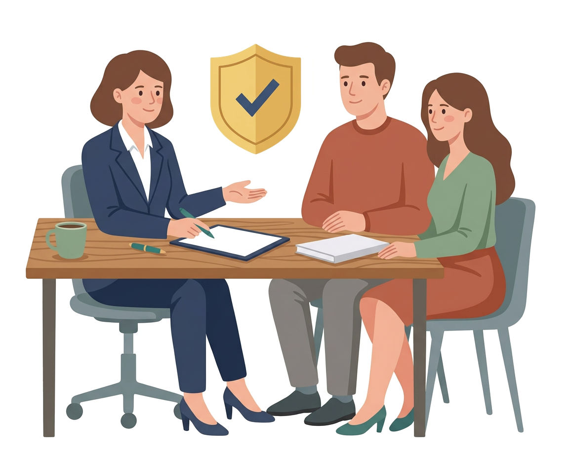 Modern flat illustration of an insurance advisor reviewing coverage with a couple