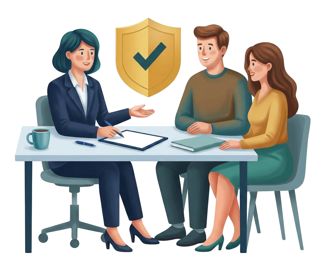 Modern flat illustration of an insurance advisor reviewing coverage with a couple